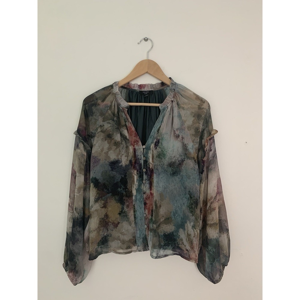 Haver London Watercolor Blouse Sz M Ruffled Puff Sleeve Metallic Thread Buttons